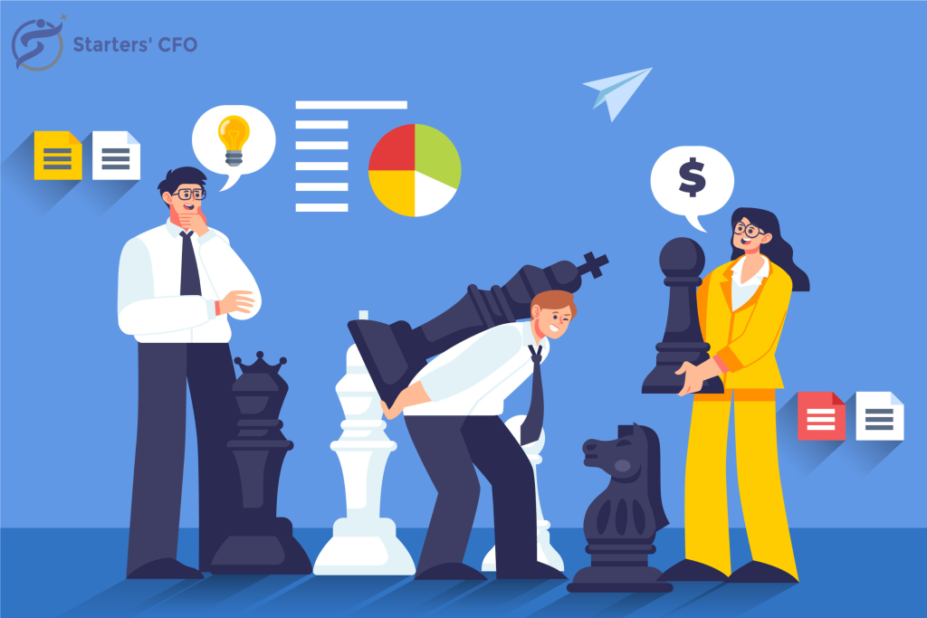 A guy has an idea and a man and a woman are holding a chess piece. This image is depicting business value.